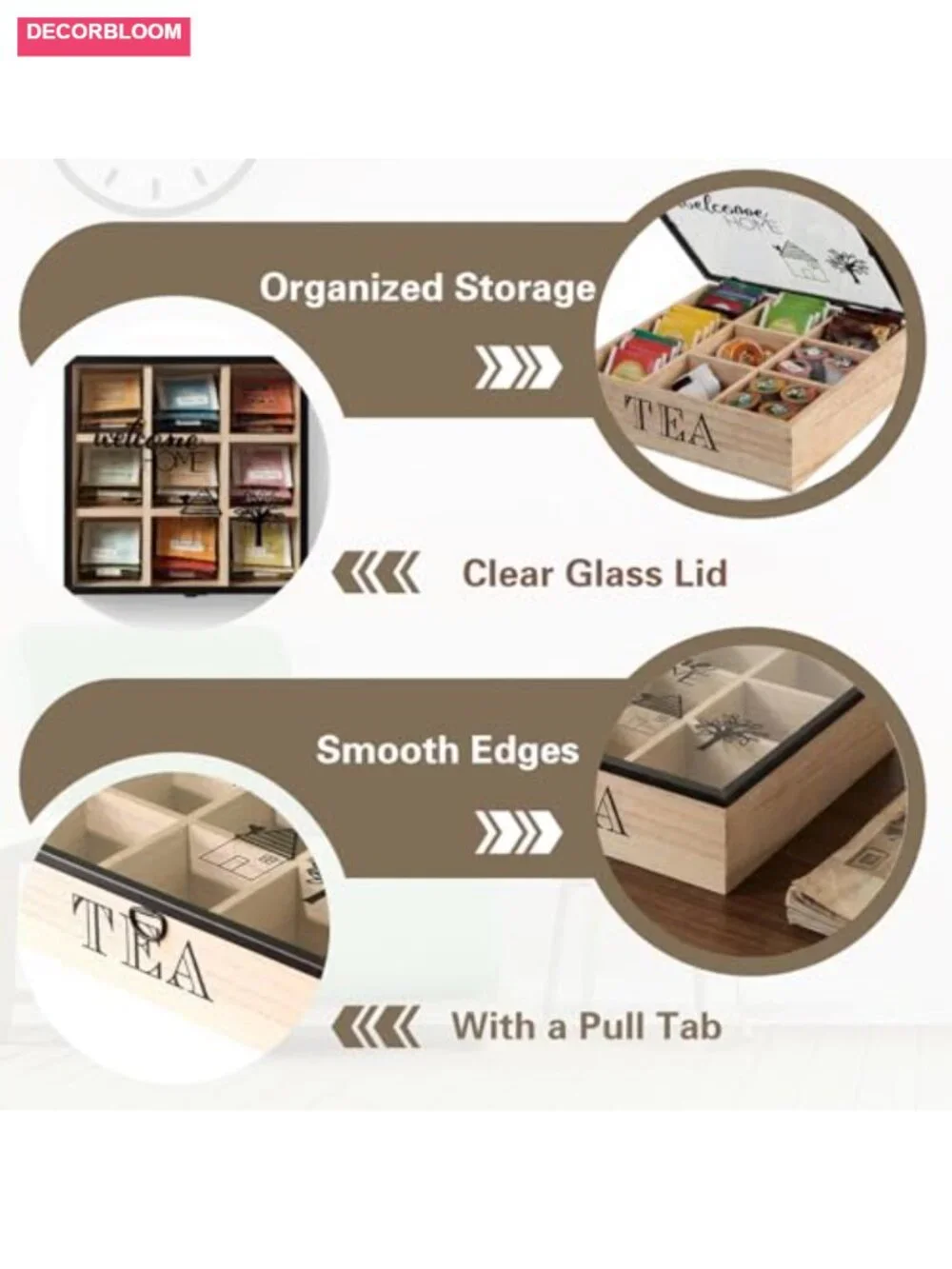 Wood Tea Box Organizer with 9 Compartments & Clear Acrylic Top Window